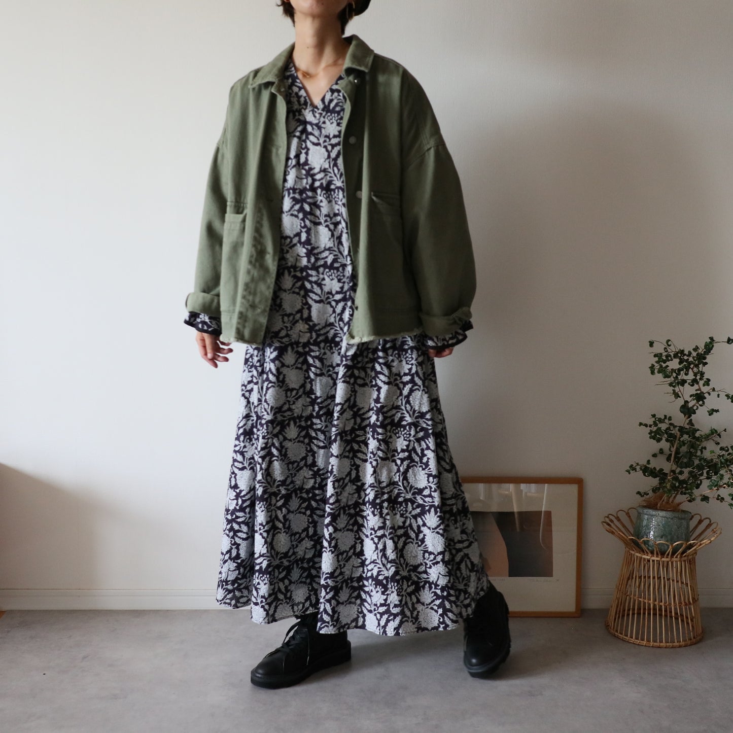 block print dress【deep navy】