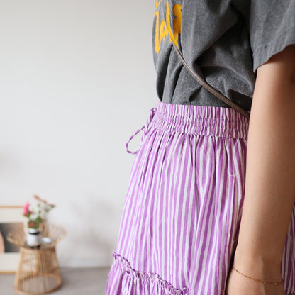 【受注】しなやかボリュームのティアードスカート -purple stripe-