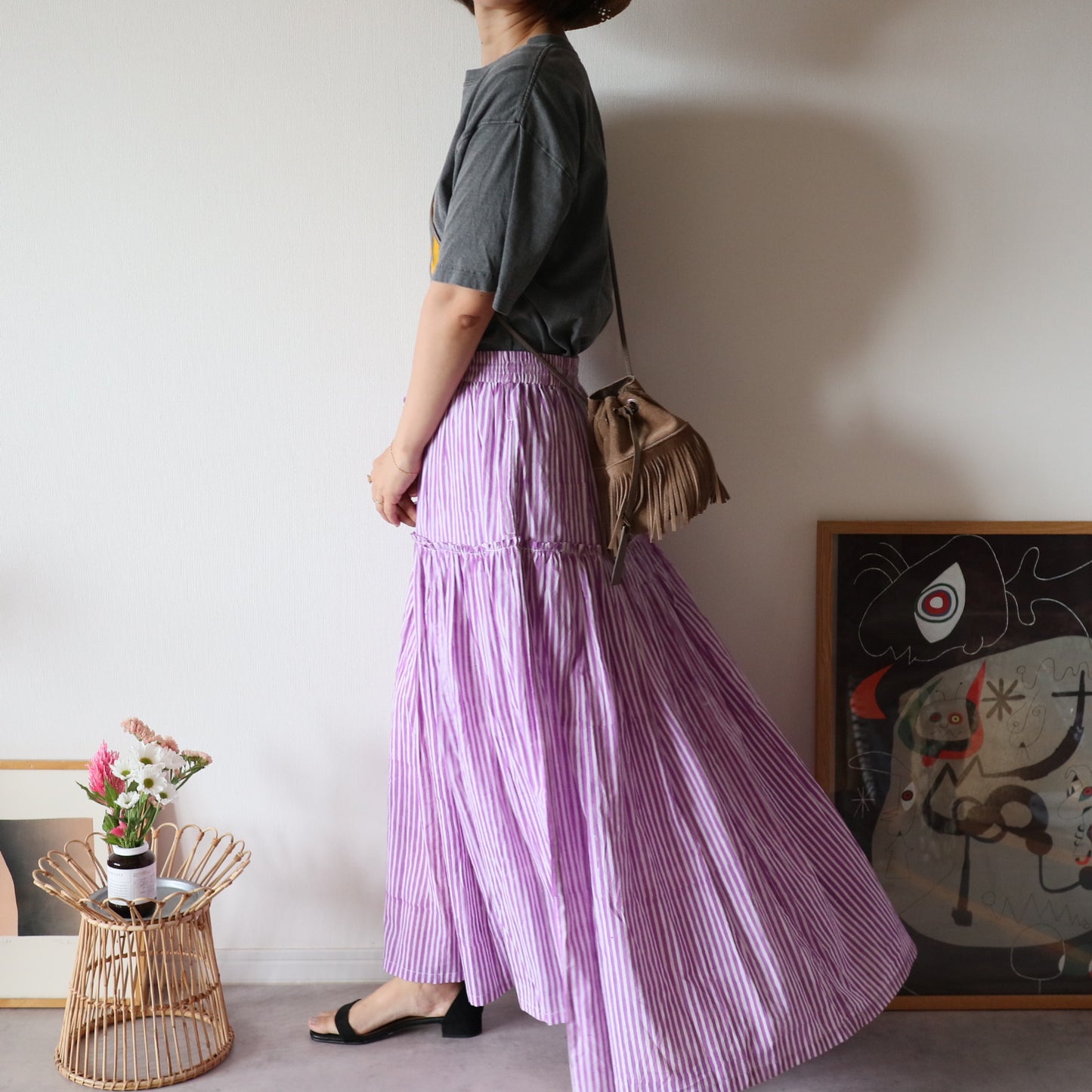 【受注】しなやかボリュームのティアードスカート -purple stripe-