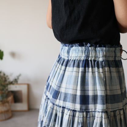 手織りジャムダニ綿の風纏うボリュームスカート【blue check】