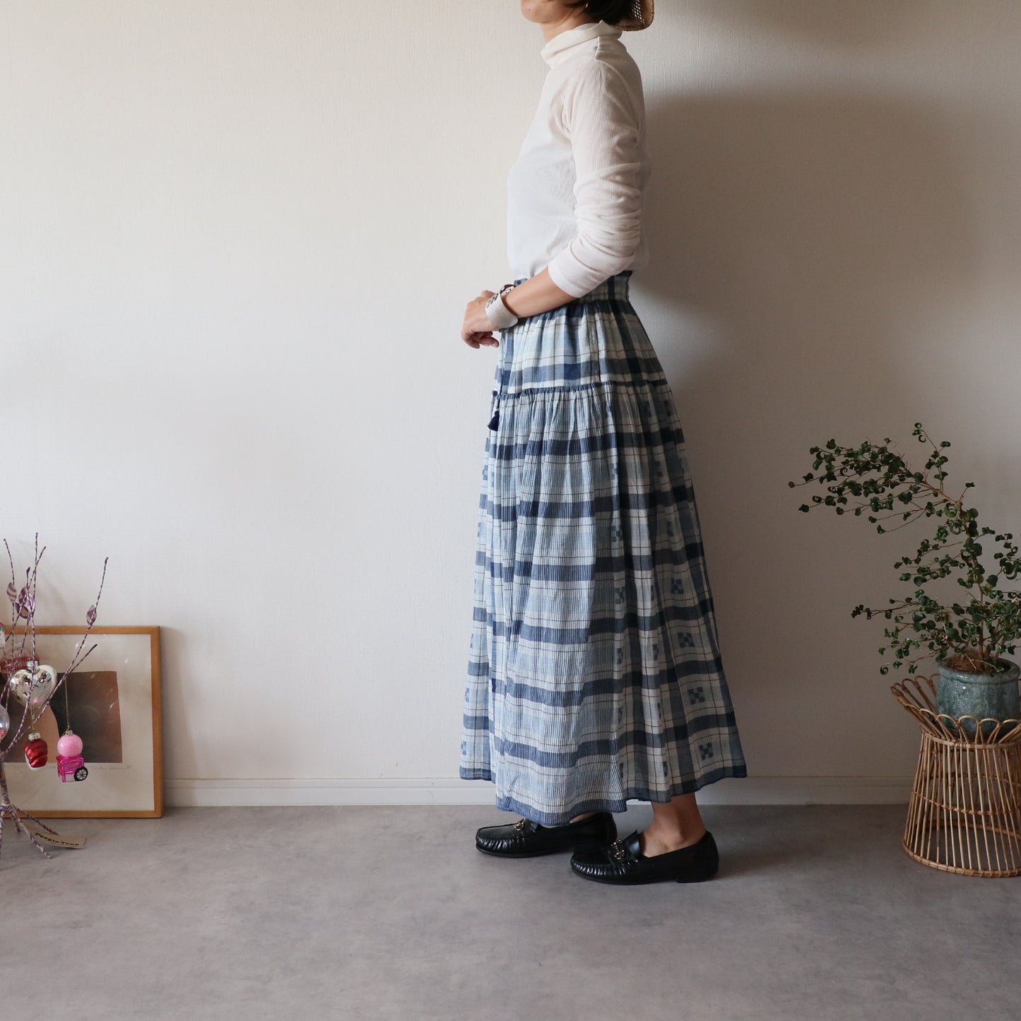 手織りジャムダニ綿の風纏うボリュームスカート【blue check】