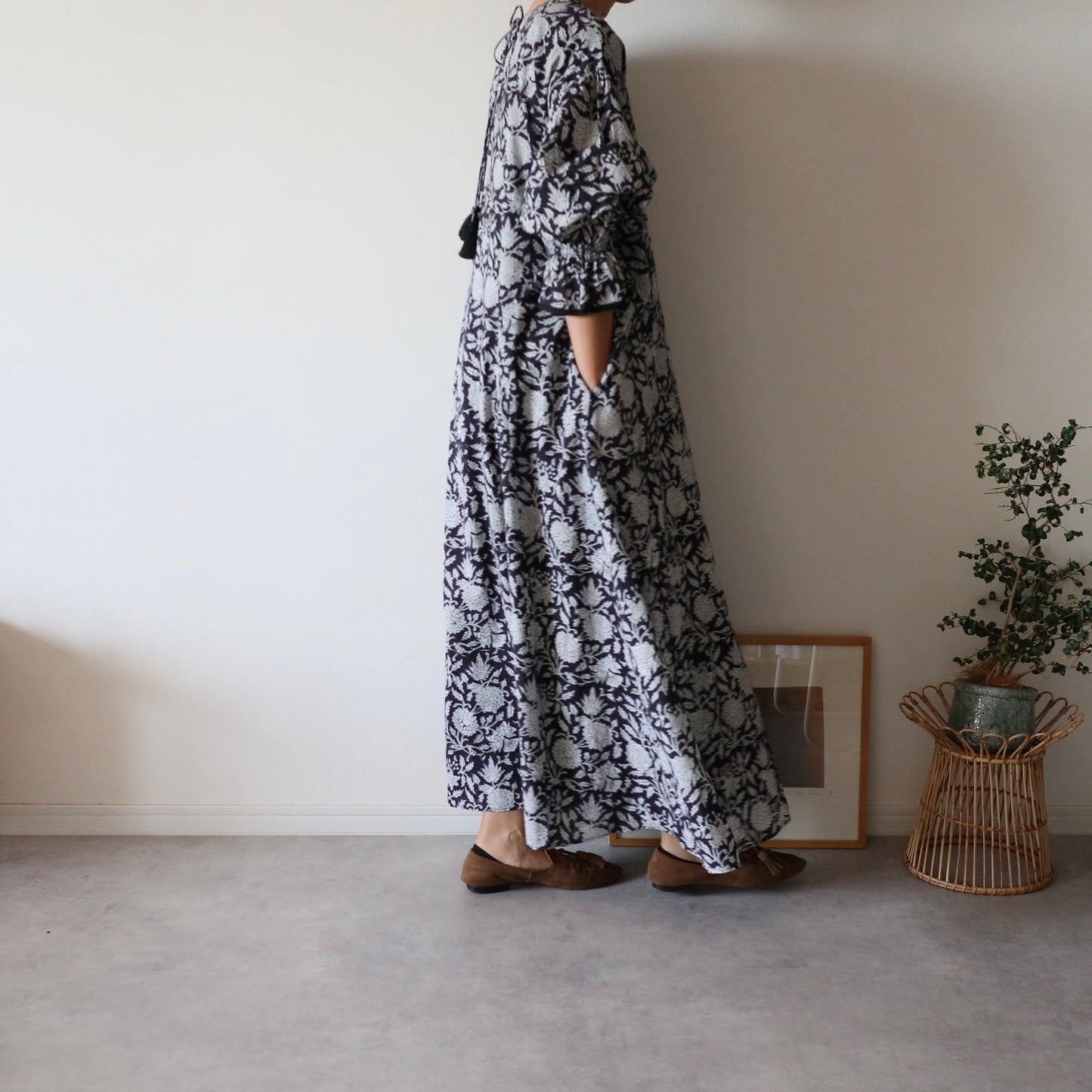 block print dress【deep navy】