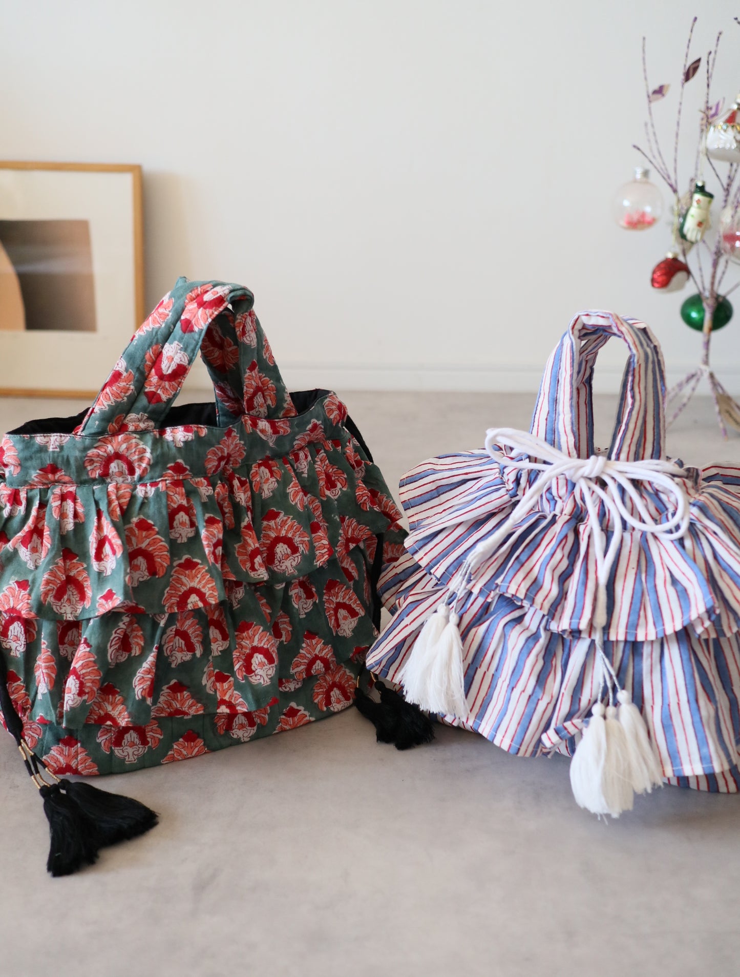 軽やかフリルの3wayキルトbag【blue stripe】