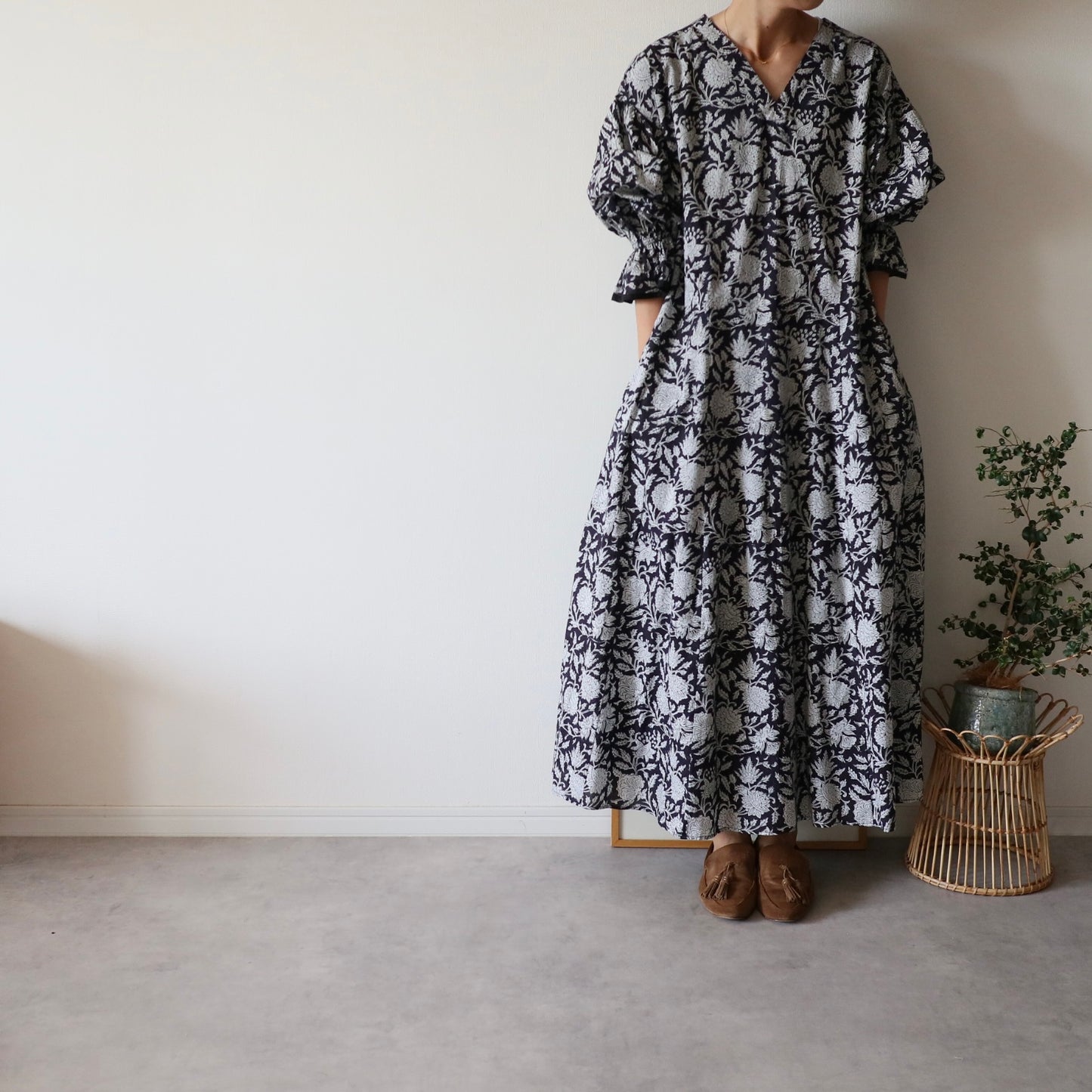 block print dress【deep navy】