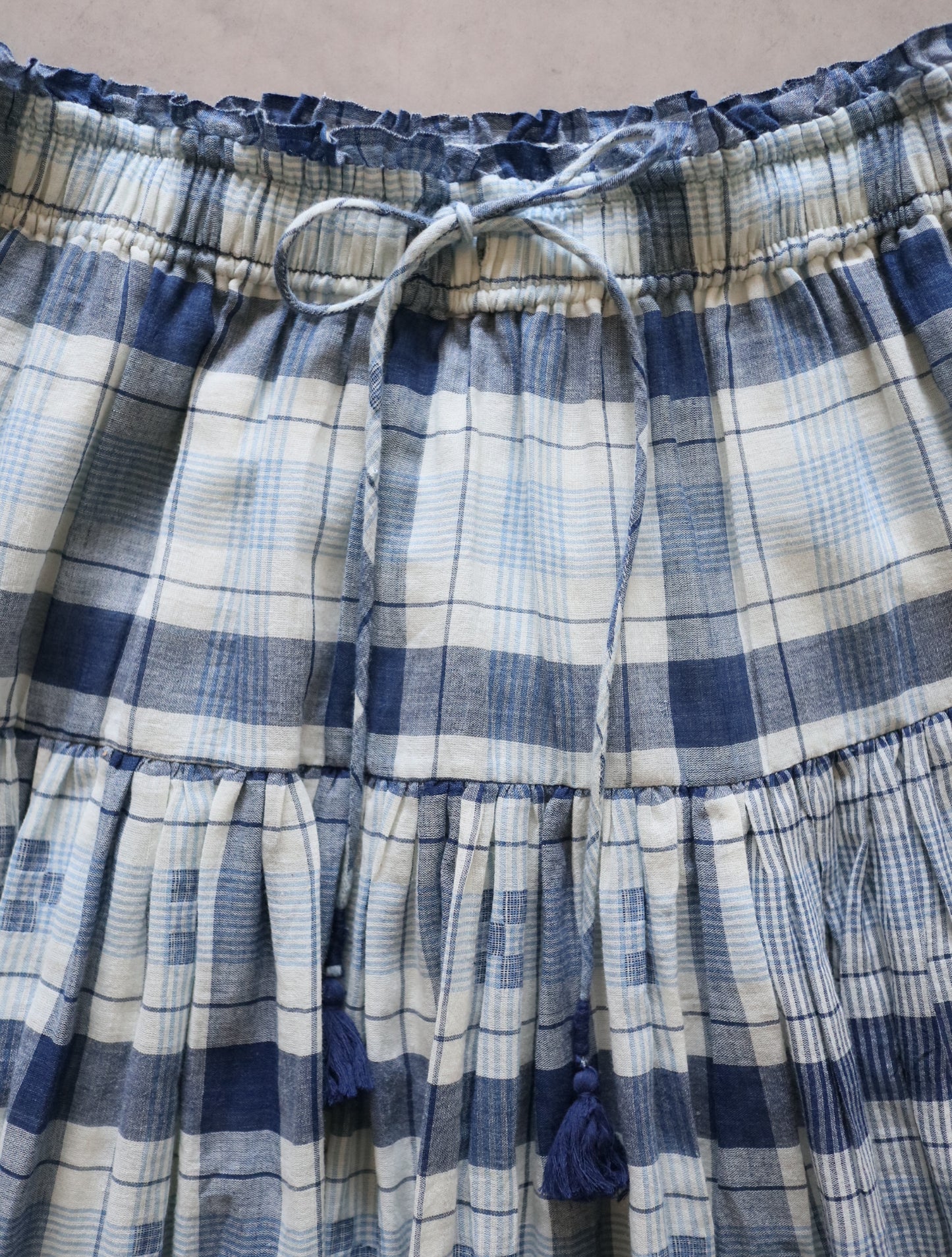 手織りジャムダニ綿の風纏うボリュームスカート【blue check】