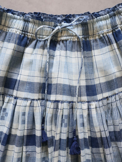 手織りジャムダニ綿の風纏うボリュームスカート【blue check】