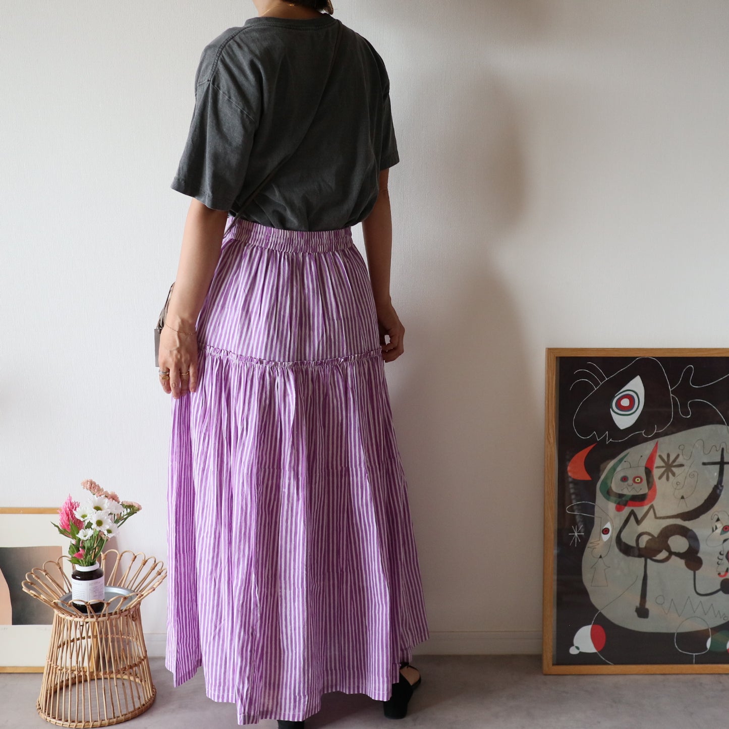 【受注】しなやかボリュームのティアードスカート -purple stripe-